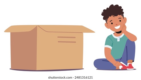 Cartoon Boy Sitting Right To A Box. Vector Image Depicts Cheerful Scene With Character In A Relaxed Pose, Suggesting A Concept Of Learning Place Prepositions, Playfulness, Imagination, Childhood Joy