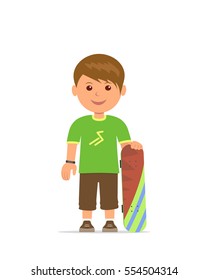 Cartoon boy with a skateboard. The young man is training to skateboarding. Vector flat design illustration isolated on white background.