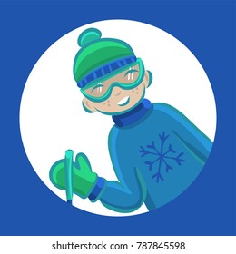 Cartoon boy skiing in winter, vector