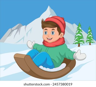 cartoon boy sledding down a snow hill