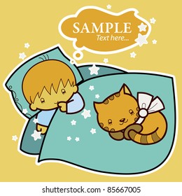 Cartoon boy sleeping in bed with cute cat. Concept card or cover in cartoon style on beige background in vector.