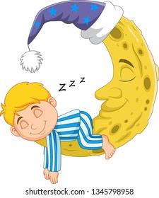 Cartoon boy sleeping on the moon