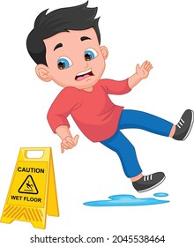 cartoon boy slips on the floor on white background