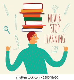 Cartoon boy smiling with books on his head. Vector illustration about education