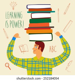 Cartoon boy smiling with books on his head. Vector illustration about education