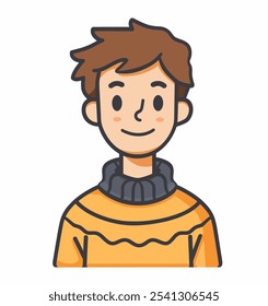 Cartoon boy is smiling and wearing a yellow sweater. He is wearing a gray scarf around his neck