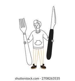 Cartoon boy smiling while holding oversized fork and knife. Black and white with orange accents. Represents humor and fun in dining. Simple white background.