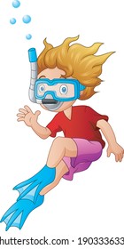 Cartoon a boy with snorkeling gear on white background