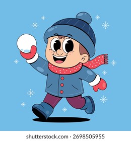 Niño de dibujos animados con una bola de nieve 