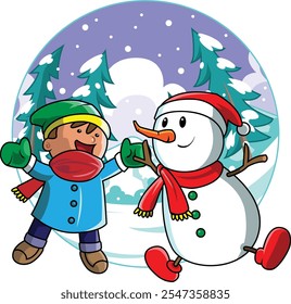 A cartoon of a boy and a snowman. The boy is wearing a red scarf and a green hat. The snowman is smiling and has a carrot nose. The scene is set in a snowy forest