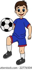 Cartoon Boy mit Fußballball. Vektorgrafik eines Jungen, der Fußball spielt