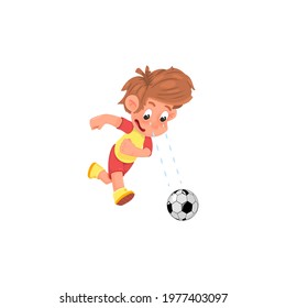 Cartoon boy soccer player playing with a ball.