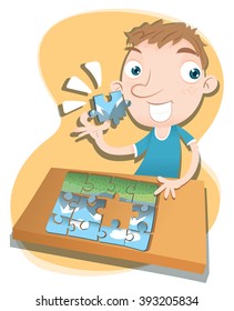 Cartoon boy solving jigsaw puzzle.