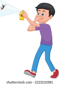 Niño de caricatura rociando mosquitos al asesino de insectos