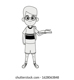 cartoon boy standing holding a book over white background, vector illustration