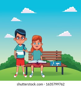 cartoon boy standing nex to a girl reading a book sitting on a bench over landscape background, colorful design, vector illustration