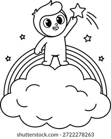 Niño de dibujos animados de pie en una nube con un arco iris, alcanzando una estrella fugaz. Perfecto para libros de colorear preescolares, hojas de trabajo educativas y actividades creativas para niños.
