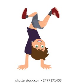 Cartoon boy standing on his hands, somersault. vector illustration.