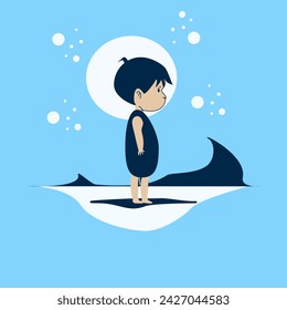 a cartoon of a boy standing on a shark s tail