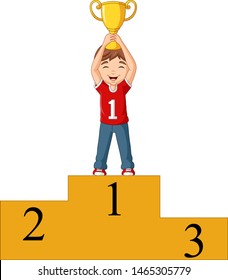 Cartoon boy standing on the winning podium holding a trophy