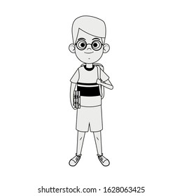 cartoon boy standing with school backpack over white background, flat design, vector illustration