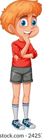 Cartoon boy standing, thinking with hand on chin