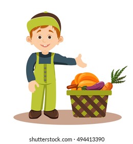 cartoon boy stands straight and points to a basket full of fresh vegetables carrots pumpkin eggplant Autumn harvest. vector illustration of isolated layers on a white background