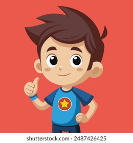 A cartoon boy with a star shirt and doing thumbs up