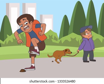 Cartoon Boy Stepped Into A Dog Poo At Park, Funny Vector Illustration With Dog Poopng At Background