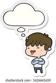 cartoon boy sticking out tongue with thought bubble as a printed sticker