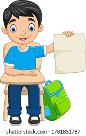 Cartoon boy student holding a blank paper