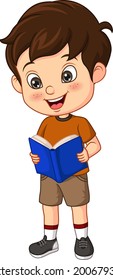 Cartoon boy student stands and reading a book