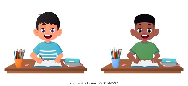 Cartoon Boy Studying on Desk with Open book, Caucasian and Black Kid Studying Together