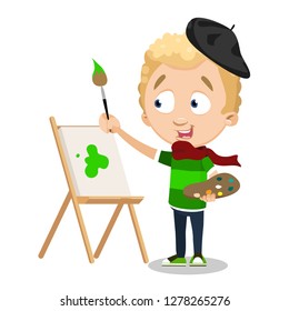Cartoon boy in stylish black hat holding palette of colors. Talented boy painting on easel vector illustration. Art and childhood concept. Isolated on white background