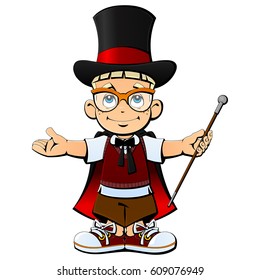 A cartoon boy in the suit of a magician, in a hat cylinder and a raincoat.