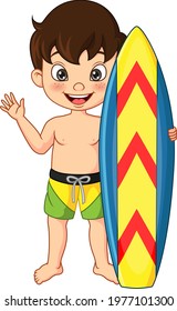 Cartoon boy surfer holding surfboard