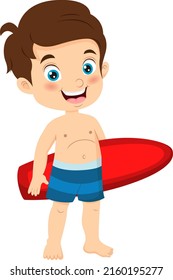 Cartoon Boy Surfer Holding Surfboard