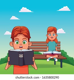 cartoon boy surprised reading a book and girl sitting on a bench over landscape background, colorful design, vector illustration