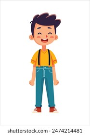 Cartoon boy in suspenders on white background, suitable for childrens book illustrations, educational materials, and themed graphic designs.