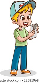 Niño de caricatura tomando un selfie con un smartphone. Ilustración de imágenes prediseñadas vectoriales con gradientes simples. Todo en una sola capa.