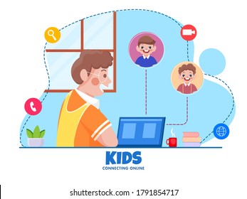 Cartoon Boy Talking to Classmate Friends from Video Calling in Laptop on Blue and White Background. Stop Coronavirus.