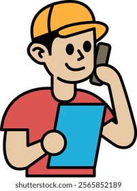 A cartoon boy is talking on a cell phone while holding a blue piece of paper. He is smiling and he is enjoying his conversation