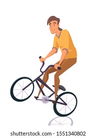 Cartoon boy teenager character doing stunts on bmx bike isolated on white backdrop. Young guy riding extreme sport bicycle. Flat style male character. Skate park. Rollerdrom. Vector illustration