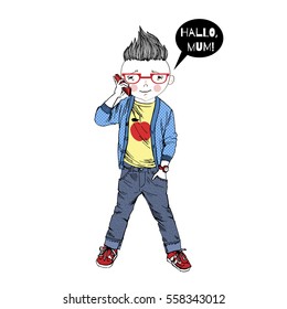 cartoon boy with telephone calling his mum, kid illustration