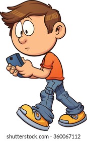 Cartoon boy texting while walking. Vector clip art illustration with simple gradients. All in a single layer.