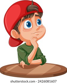 Cartoon boy thinking with hand on chin.
