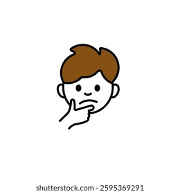 A cartoon boy is thinking with his hand on his chin, showing an expression of curiosity and focus.