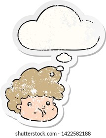caricaturista con burbuja de pensamiento como pegatina gastada angustiada