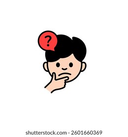 A cartoon boy with a thoughtful face and a red question mark bubble. Represents confusion, curiosity, or decision making.