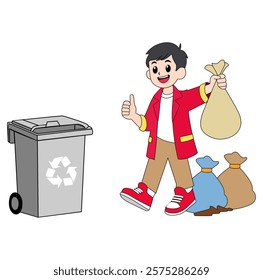 Cartoon Boy Throwing Trash Into Rubbish Bin Vector Illustration
